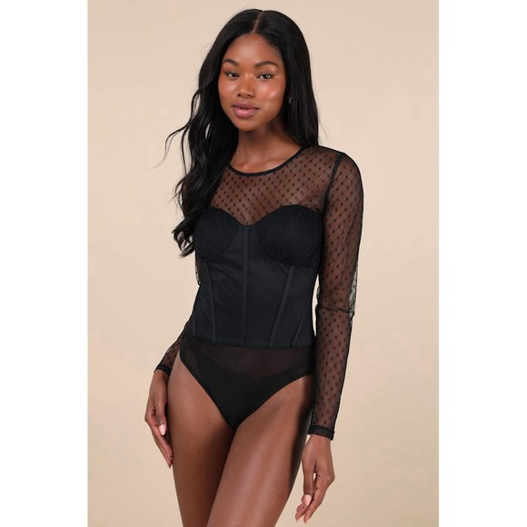 Lulus Tops - Lulus Luxe Agenda Black Sheer Mesh Polka Dot Pleated Bustier Bodysuit XS NWT